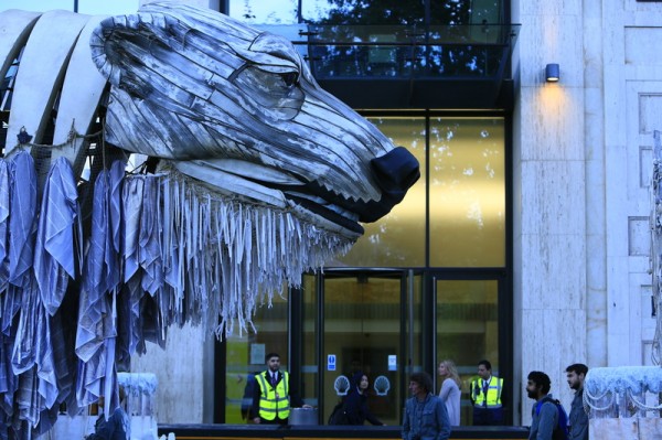Giant polar bear Aurora outside Shell HQ