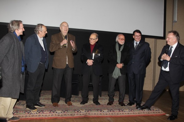 Roma-Film-Festival-2015-Da Sin. a Destra Lino Capolicchio, Dario Argento, Giuliano Montaldo, Ennio Morricone, Adriano Pintaldi, Gianluca Nardulli, Gabriele Antinolfi